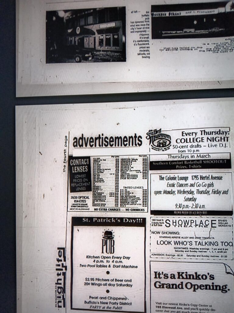 Buffalo Pub photo and advertisement in Buffalo State College Record Newspaper March 15th, 1991